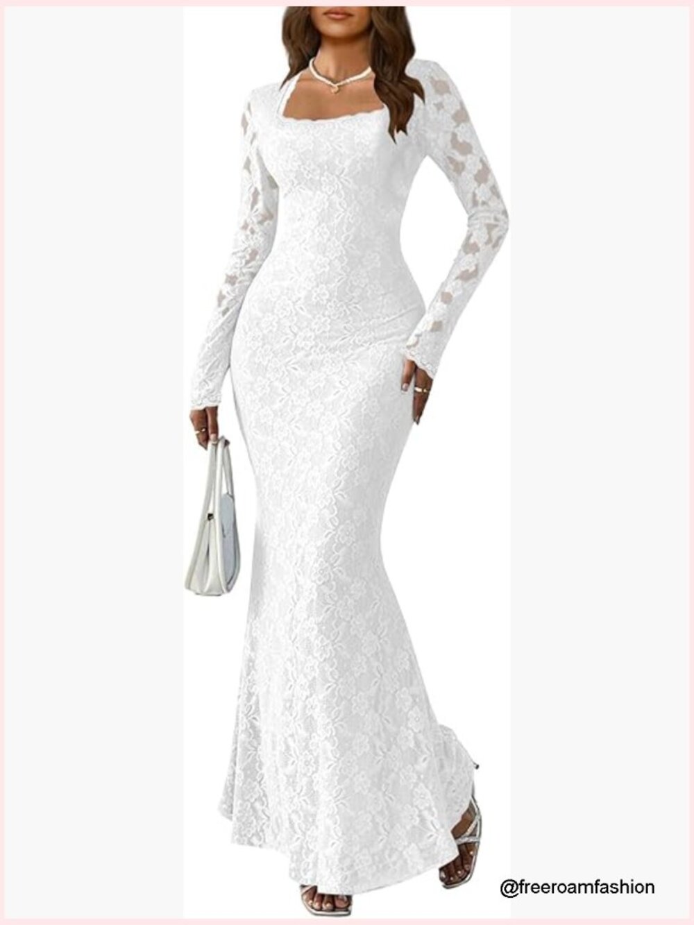 Long Sleeve Maxi Dress Bodycon Square Neck Lace Cocktail Wedding Guest